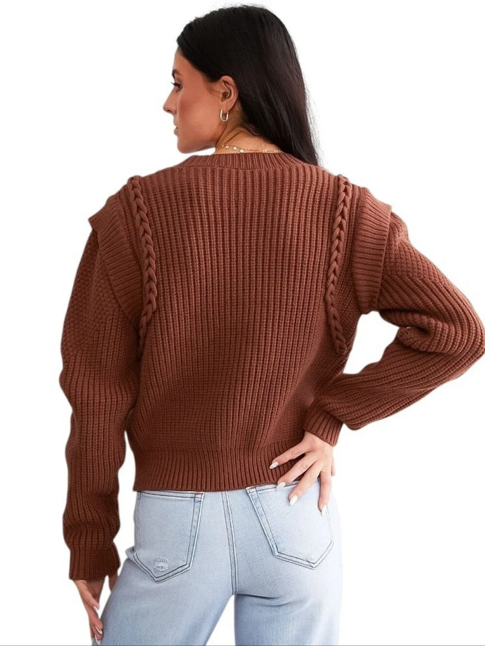 Willow + Root Womens Rust Cable Detail Waffle Knit Flatter Shoulder Sweater  L
